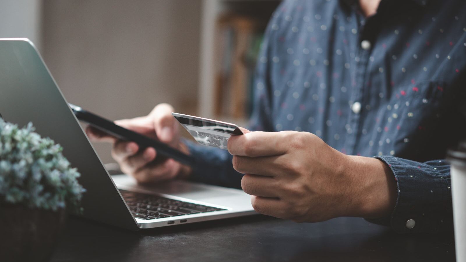 persona al computer con carta di credito in mano