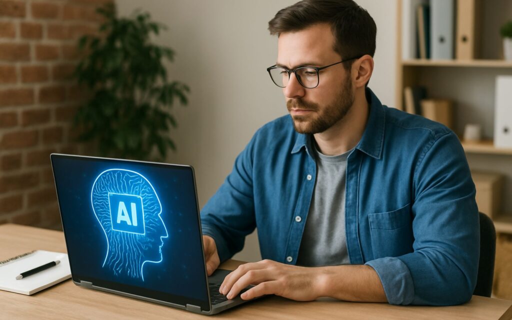 Persona al computer che l'avora con intelligenza artificiale