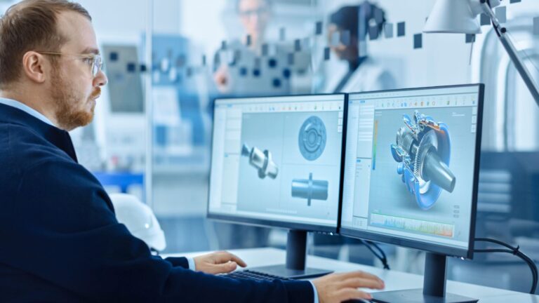 Innovazione digitale – Web Un uomo lavora al computer con immagini di meccanica
