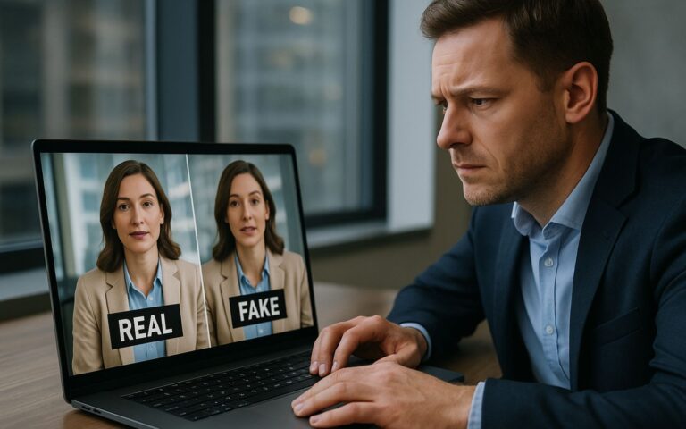Video generati da IA – Web Persona al computer che non distingue una immagine reale da una fake