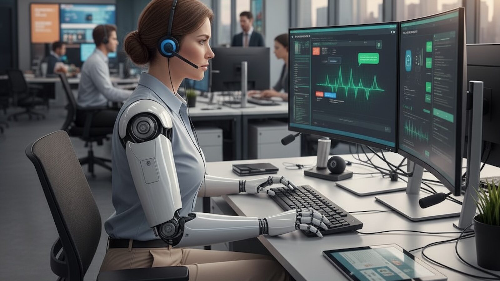 Intelligenza artificiale customer care persone e robot davanti a computer