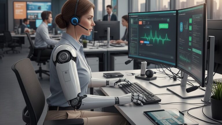 Intelligenza artificiale customer care persone e robot davanti a computer