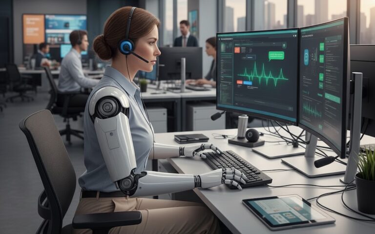 Intelligenza artificiale customer care persone e robot davanti a computer