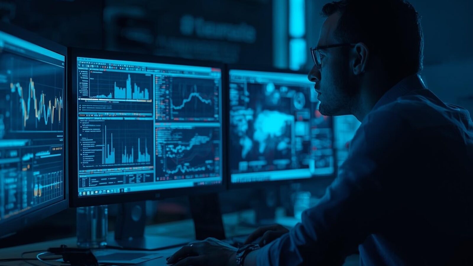 Cybersecurity predittiva – Web Tecnico informatico che visualizza dati su schermi computer
