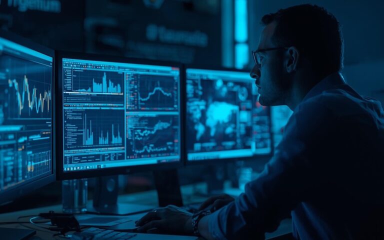 Cybersecurity predittiva – Web Tecnico informatico che visualizza dati su schermi computer