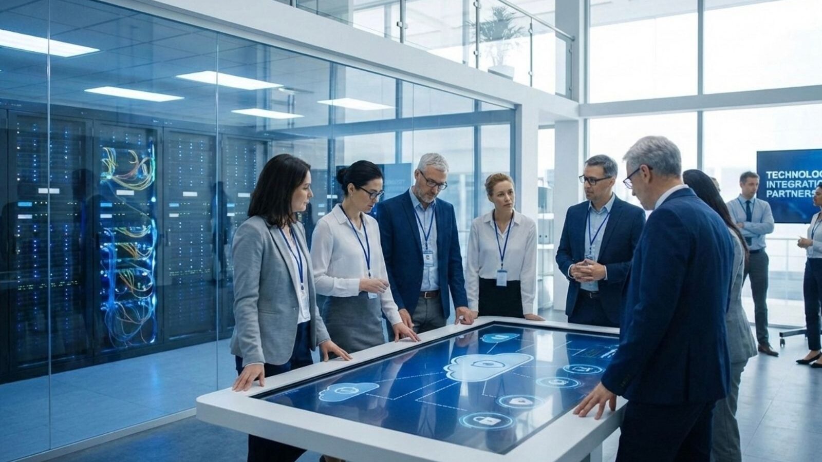 Da TelCo a TechCo – Web riunione di persone attorno a un tavolo touch