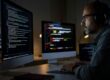uomo davanti al computer che visualizza codice