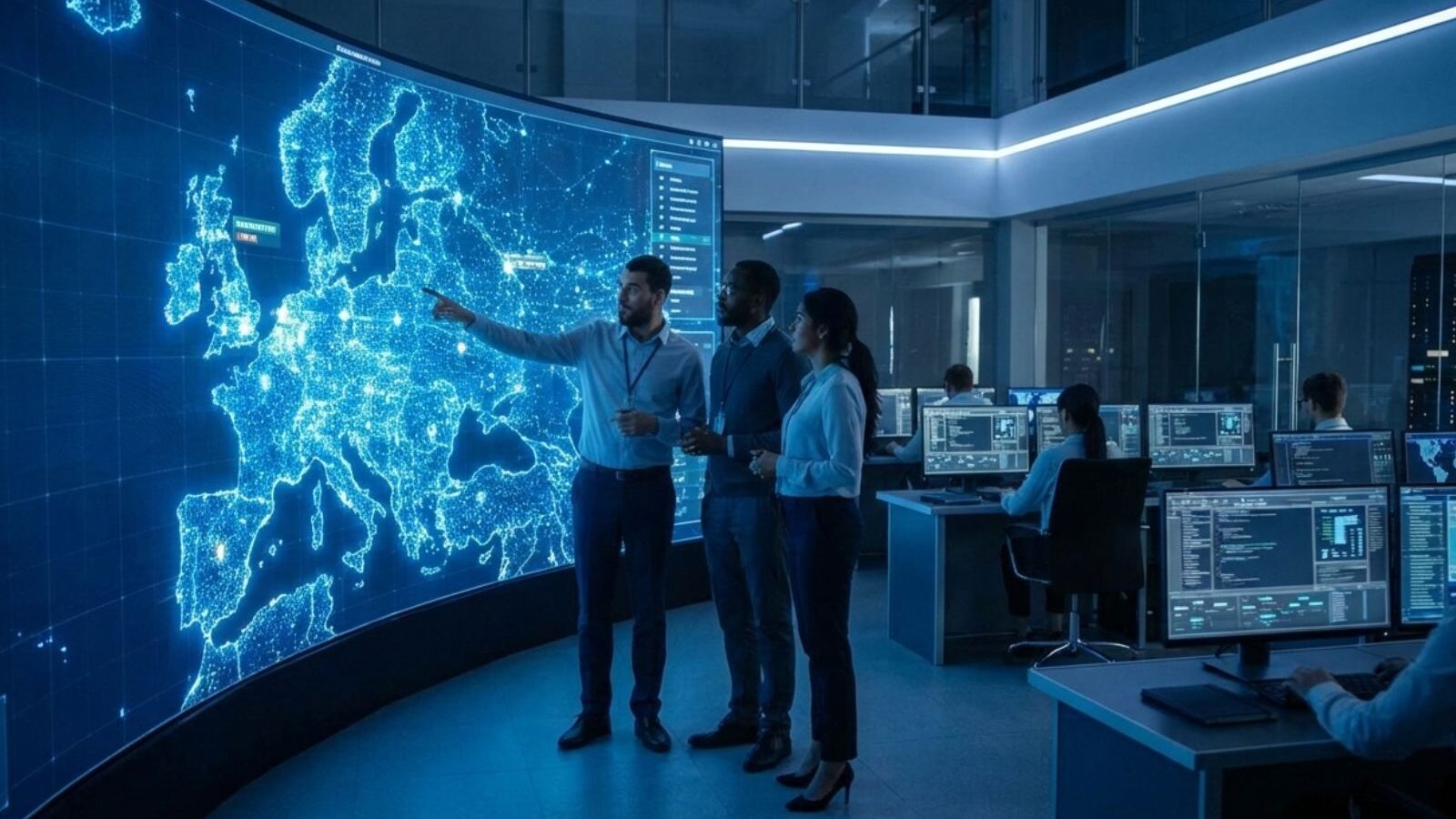 Cloud sovrano europeo- Web persone guardano uno schermo con una mappa europea