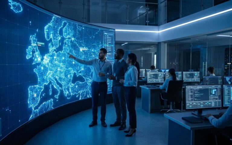 Cloud sovrano europeo- Web persone guardano uno schermo con una mappa europea