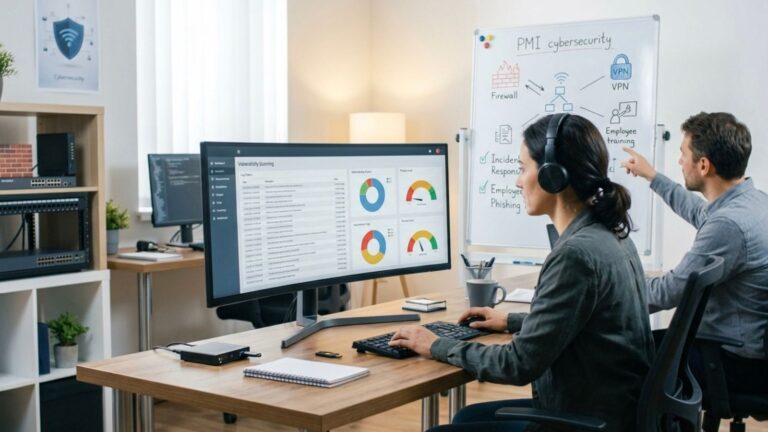 Due persone che controllano la cybersecurity in ufficio