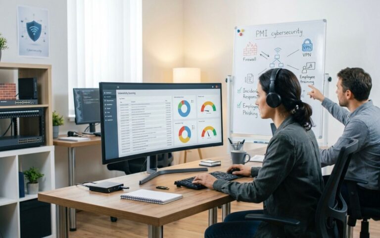 Cybersecurity PMI- Web Due persone che controllano la cybersecurity in ufficio
